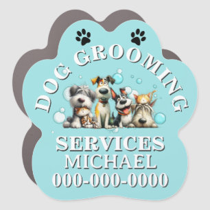 Dog groomers pet parlour salon cartoon dogs blue  car magnet