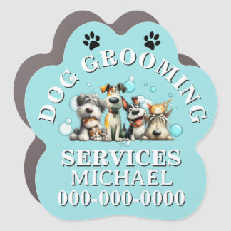Dog groomers pet parlour salon cartoon dogs blue  car magnet