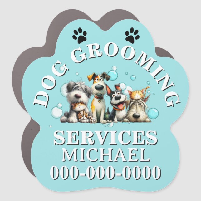 Dog groomers pet parlour salon cartoon dogs blue  car magnet (Front)