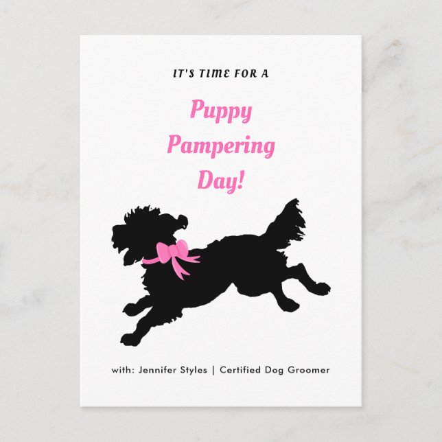 Dog Grooming Appointment Pink Bow Black Puppy Postcard (Front)