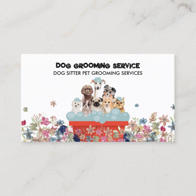Dog Grooming Bath Bed Floral boho rustic Business Card (Front)