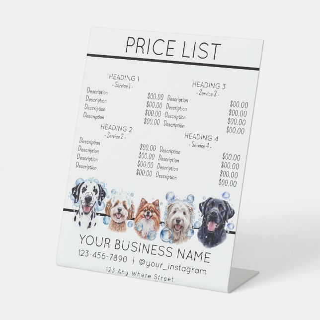 Dog grooming bathing cute dogs service price list  pedestal sign (Front)