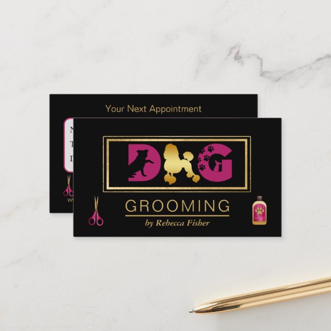Dog Grooming Black Pink Appointment Card (Front/Back In Situ)