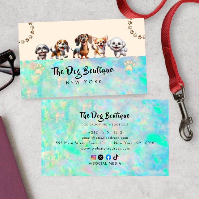 Dog grooming boutique pet sitter cute puppy script business card (Creator Uploaded)