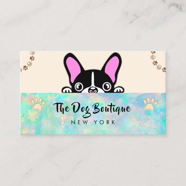 Dog grooming boutique pet sitter cute puppy script business card (Front)