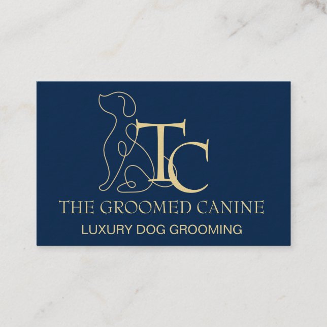 Dog Grooming Business Card Oxford Blue & Gold (Front)