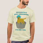 Dog Grooming Business Dog Groomers Personalized T-Shirt<br><div class="desc">Promote your business or give your employees a professional look with this personalized t-shirt. It features an illustration of a cute dog wearing a shower cap having a bath in an old fashioned wash tub. Use the template fields to easily fill in your business name and phone number or other...</div>
