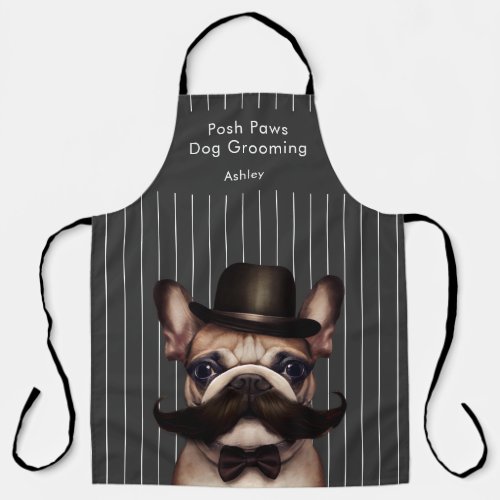 Dog Grooming Business Funny Frenchie Pinstripe Apron