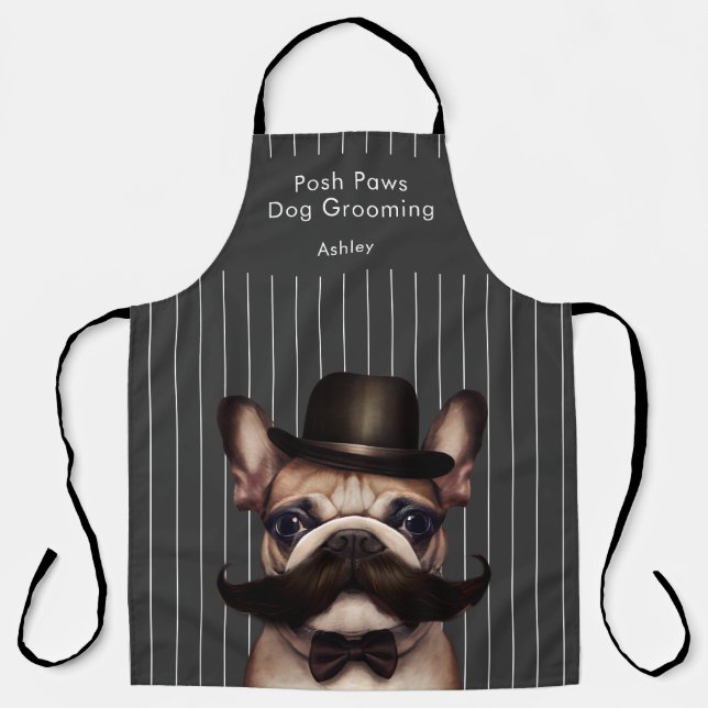 Dog Grooming Business Funny Frenchie Pinstripe Apron (Front)