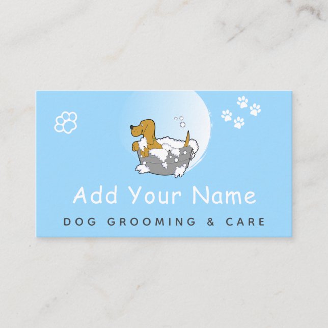 Dog Grooming Care Pet Haircut Cute Paw Print Blue Business Card (Front)