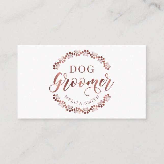 Dog grooming in shape of a circle rose gold business card (Front)