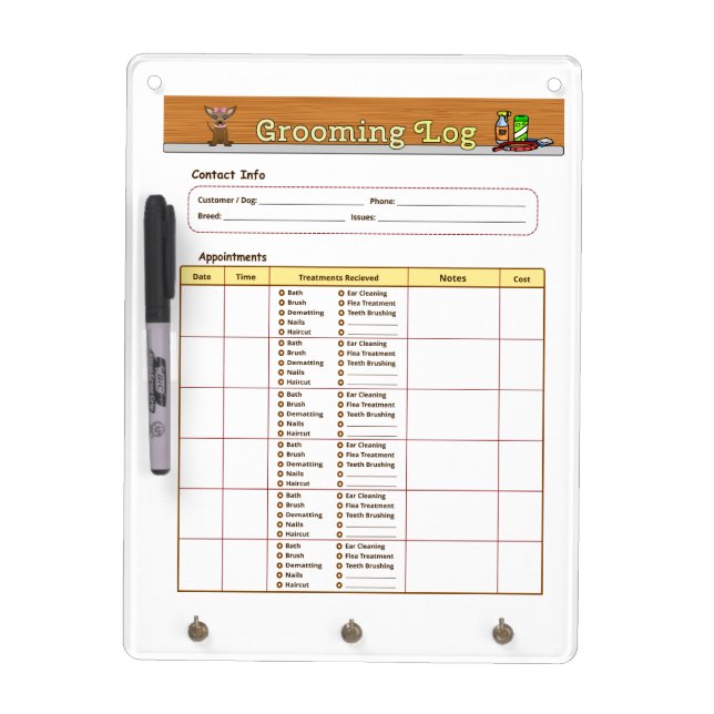 Dog Grooming Log Dry Erase Board (Front)