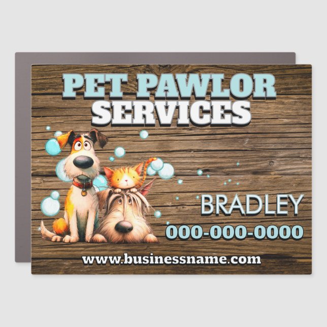 Dog grooming mobile business woodgrain pet spa car magnet (Front)