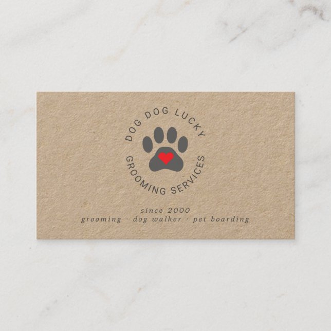 Dog grooming paw print kraft business card (Front)