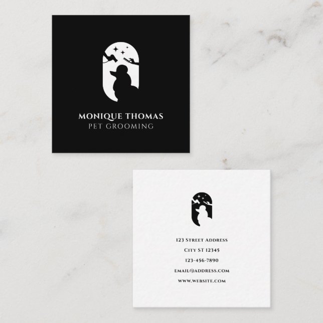 Dog grooming pet care logo black white  square business card (Front/Back)