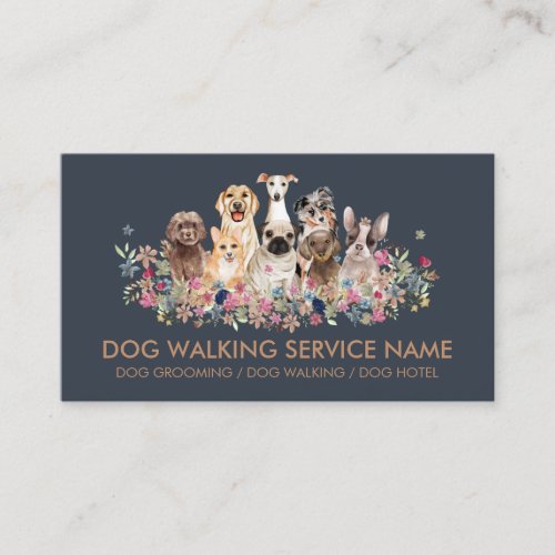 Dog Grooming Pet Service Flowers Simple Navy Business Card
