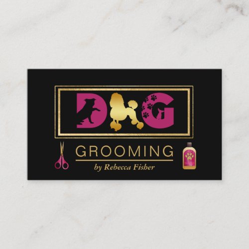 Dog Grooming Services Black Pink Business Card