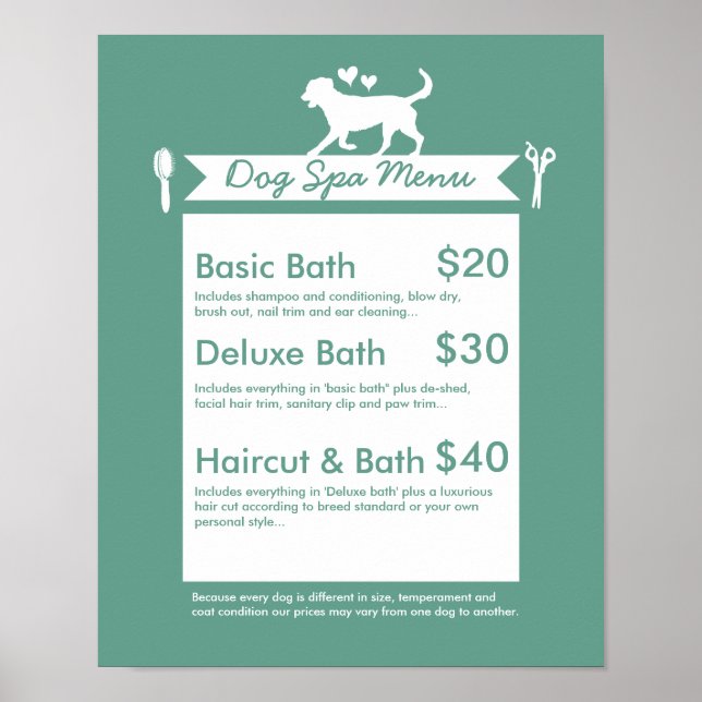 Dog Grooming Spa Menu - Personalizable Poster (Front)