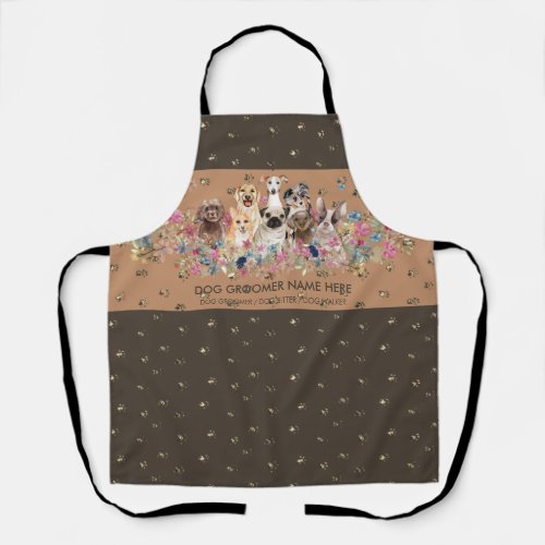 Dog Grooming Spa Salon Brown Gold Paws Apron