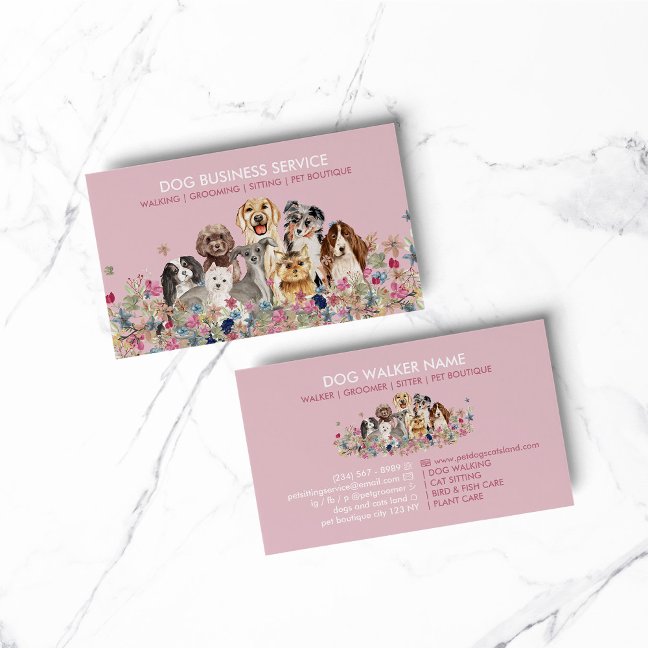 Dog Grooming Walking Sitting Service Pink Business Card