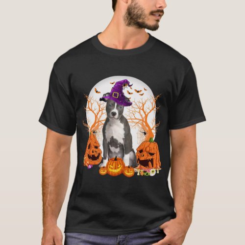 Dog Halloween Pitbull Dog Jack O Lantern Pumpkin T T_Shirt