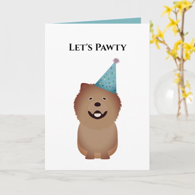 Dog Happy Birthday Card, Let's Pawty Chow Chow Card (Yellow Flower)