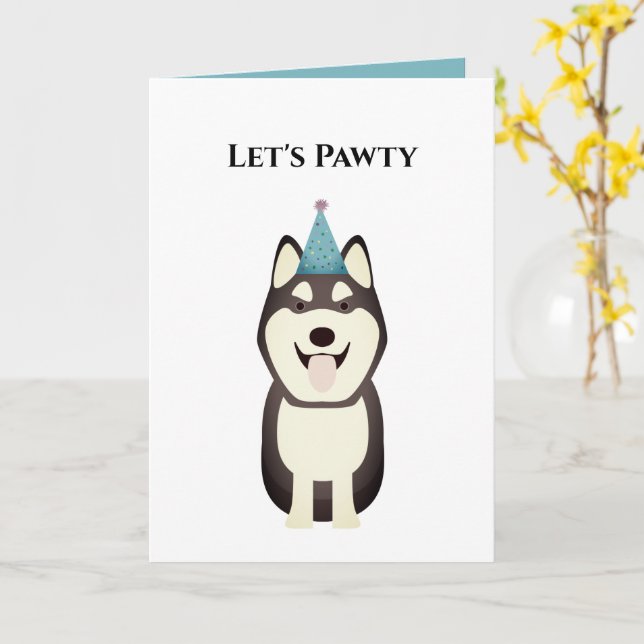 Dog Happy Birthday Card, Let's Pawty Husky Card (Yellow Flower)