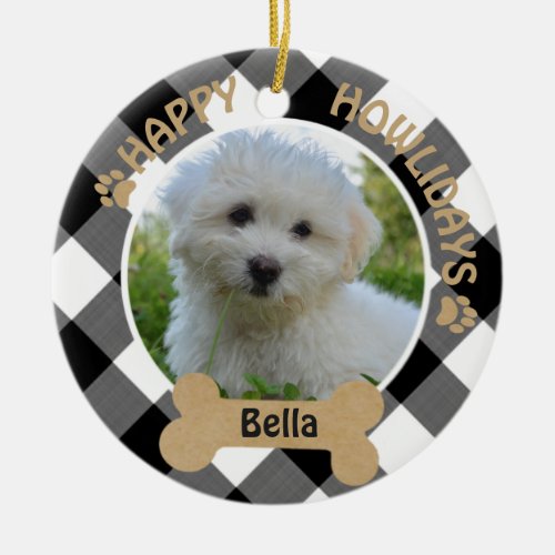 Dog HAPPY HOWLIDAYS  2_Sided 2_Photo Buffalo Check Ceramic Ornament