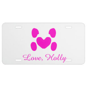 Dog heart paw pink pet add name text animal cat na license plate