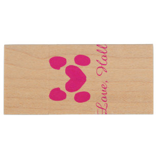 Dog heart paw pink pet add name text animal cat na wood flash drive