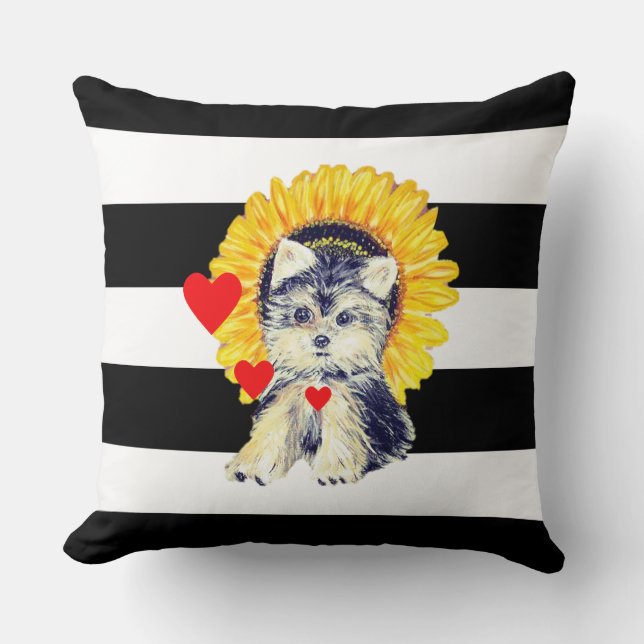 Dog, hearts & sunflower on Black & White Striped Throw Pillow (Front)