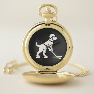Dog Hockey Player Silhouette Pocket Watch