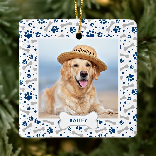 Dog Holiday Cute Paw Prints Personalized Pet Photo Ceramic Ornament