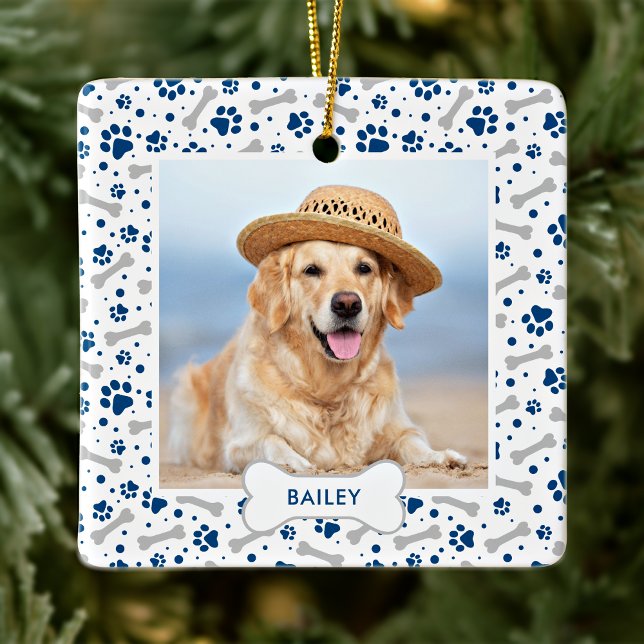 Dog Holiday Cute Paw Prints Personalized Pet Photo Ceramic Ornament (Creator Uploaded)