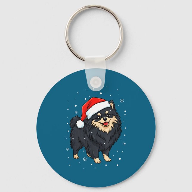 Dog Holiday Meranian Dog Santa Illustration - Fluf Keychain (Front)