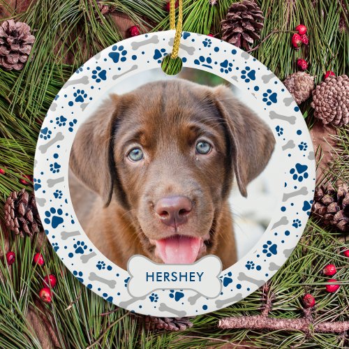 Dog Holiday Paw Prints Blue Personalized Pet Photo Ceramic Ornament