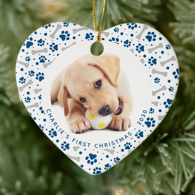 Dog Holiday Paw Prints Bone Personalized Pet Photo Ceramic Ornament (Creator Uploaded)
