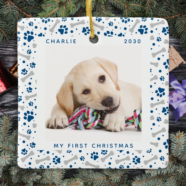 Dog Holiday Paw Prints Cute Personalized Pet Photo Ceramic Ornament (Creator Uploaded)