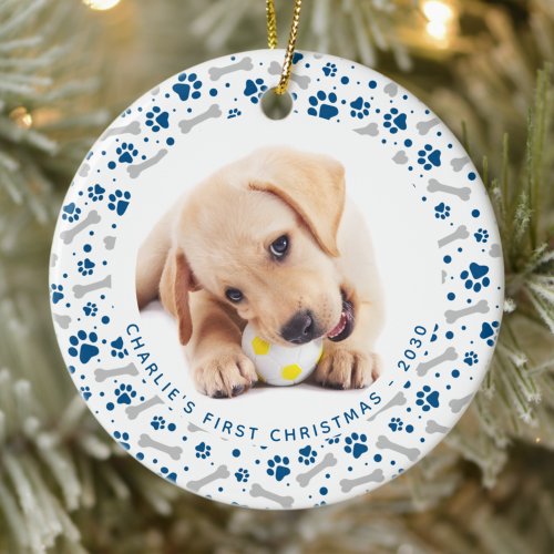 Dog Holiday Paw Prints Personalized 2 Pet Photo Ceramic Ornament