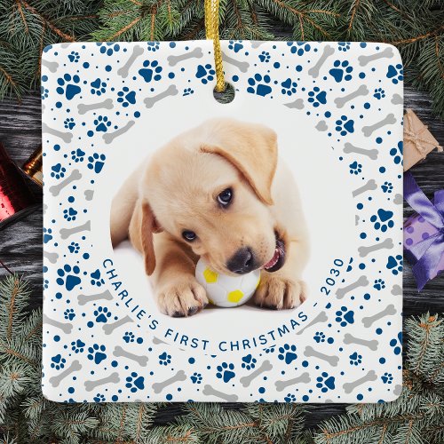 Dog Holiday Paw Prints Personalized Pet 2 Photo Ceramic Ornament
