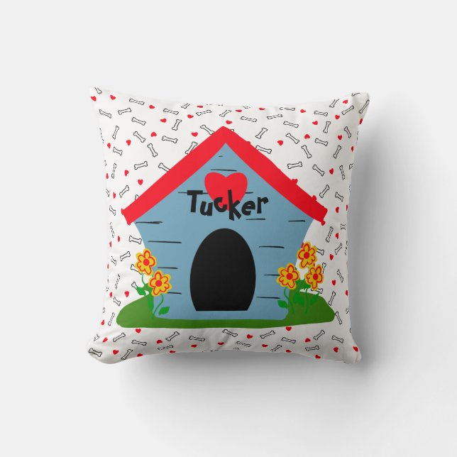 Dog House Red Hearts White Bones Dog or Dog Lover Throw Pillow (Front)