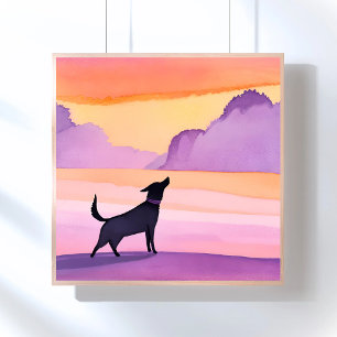 Dog Howl Black Dog Watercolor Silhouette Poster