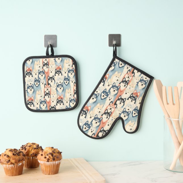Dog Husky pattern Oven Mitt & Pot Holder Set (Insitu(Hanging))