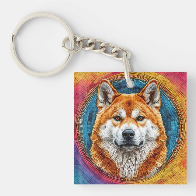 Dog in a Circular Artistic Pattern Keychain (Front)