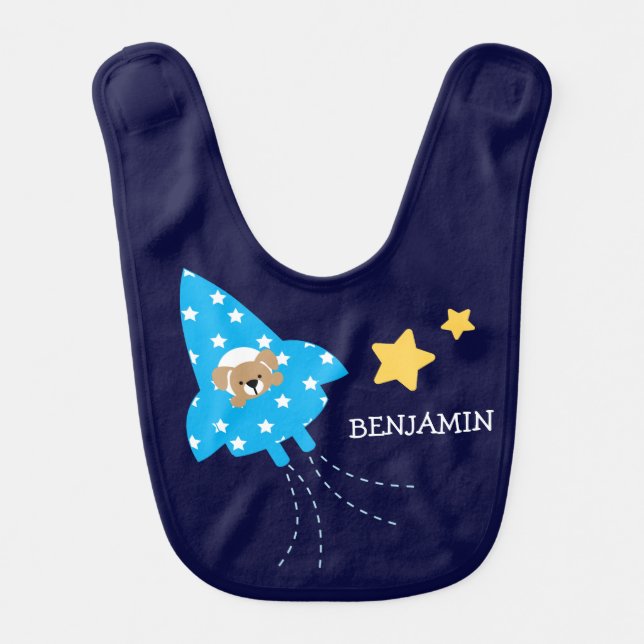 Dog in a Rocket Ship Personalized Baby Bib (Front)