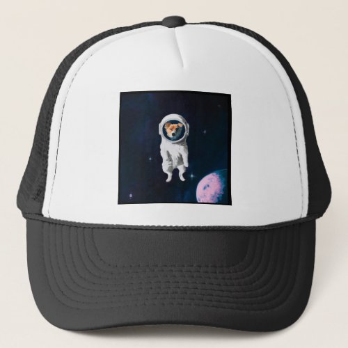 Dog in astronaut suit flying through space trucker hat
