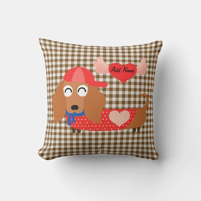 Dog in Baseball Cap Brown Gingham Valentine Pillow (Front)