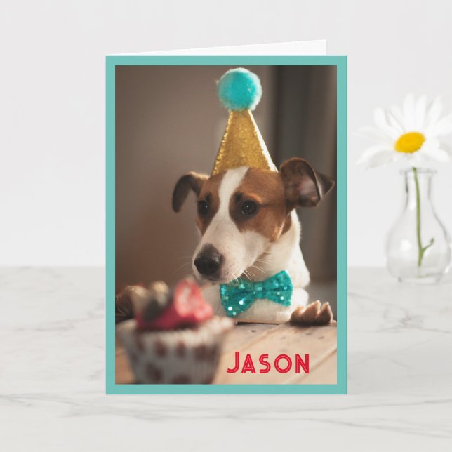 Dog in Birthday Party Hat Personalize Name Card (Small Plant)