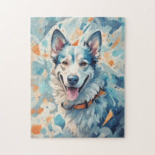 Dog in blue jigsaw puzzle