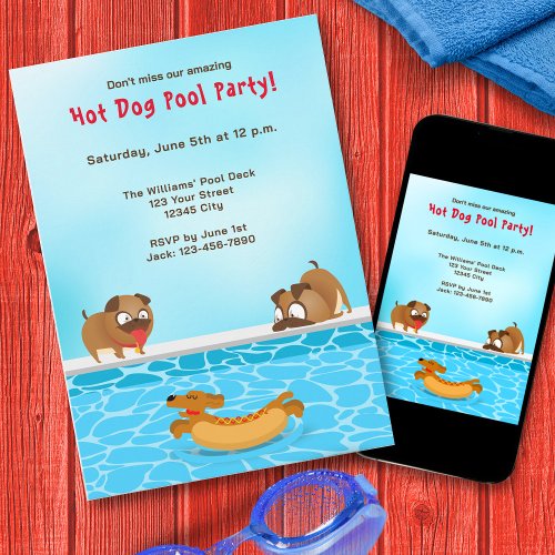 Dog in Buns Swimming in Pool Fun Hot Dog Party Invitation